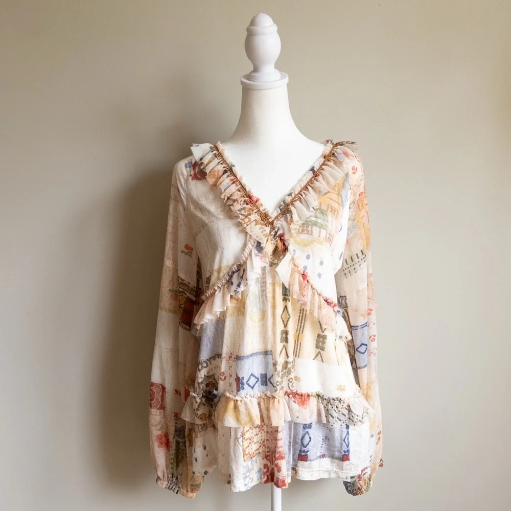 Anthropologie Tiny Bohemian‎ Patchwork Ruffle Blouse Multi-Color Size Small